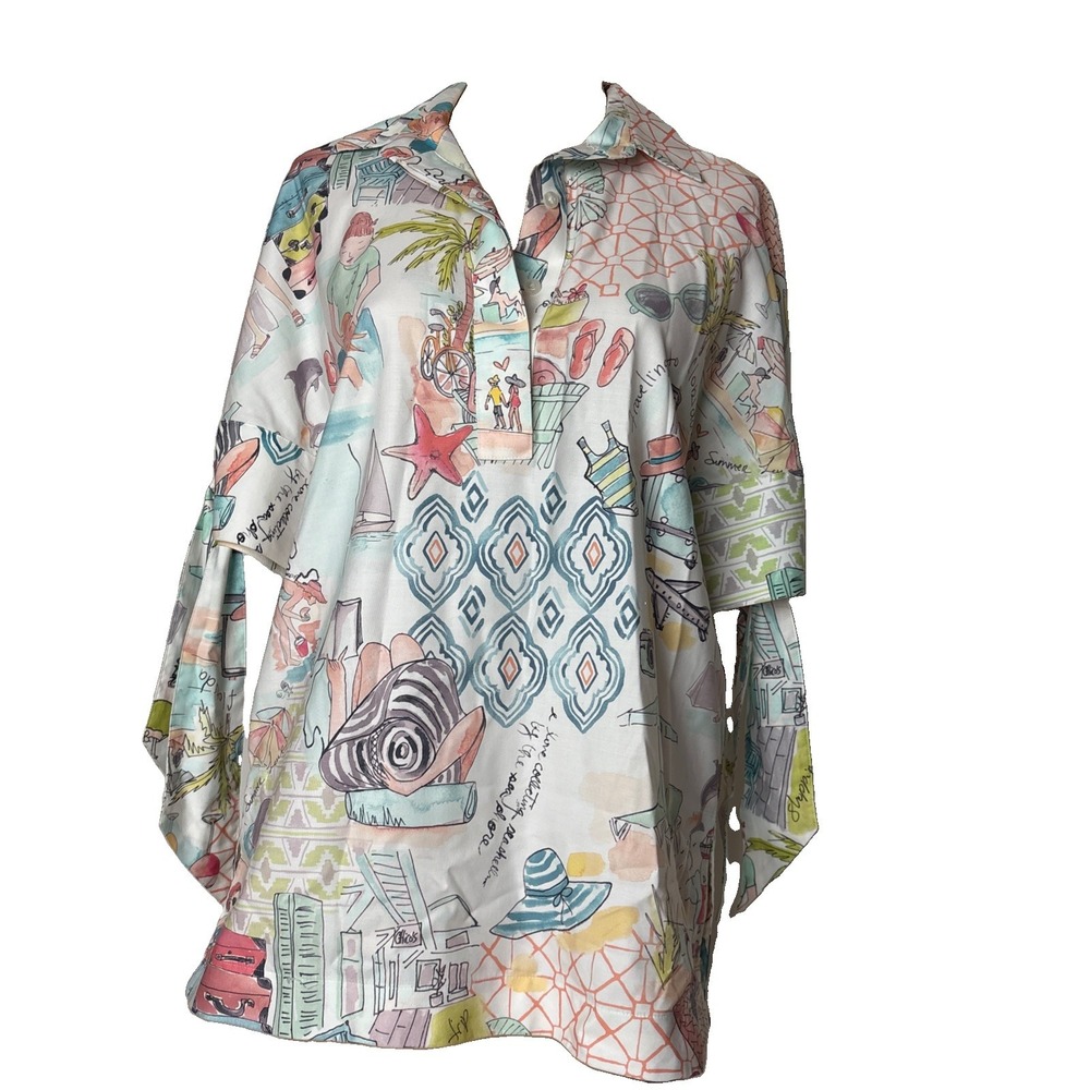 Chicos size 00 US 2 No-Iron Chic Florida Vacation Tunic Top Grommet Tie Sleeve